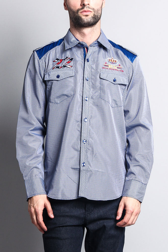 Long Sleeve Checkered Embroidered 22 Button Up Shirt