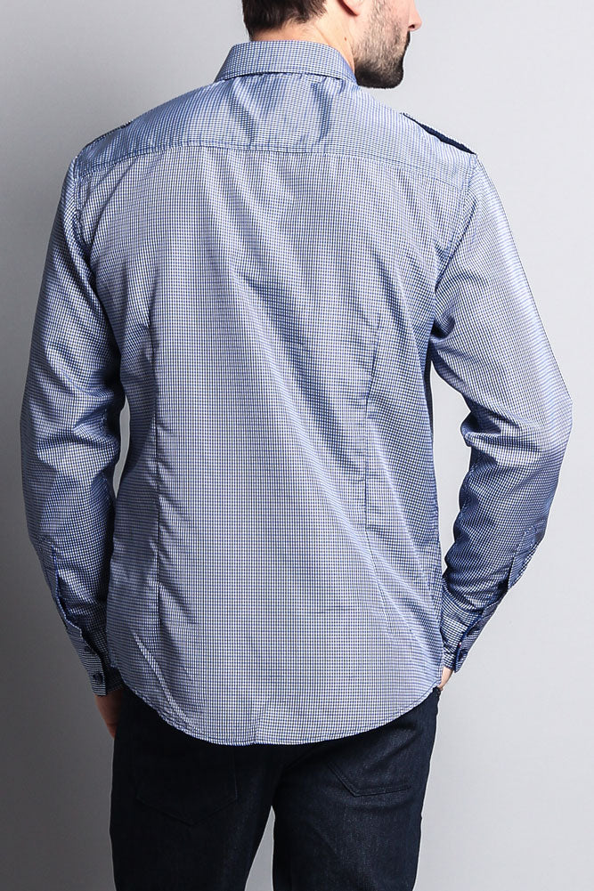 Long Sleeve Checkered Embroidered 22 Button Up Shirt