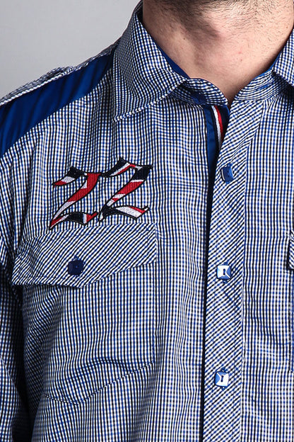 Long Sleeve Checkered Embroidered 22 Button Up Shirt