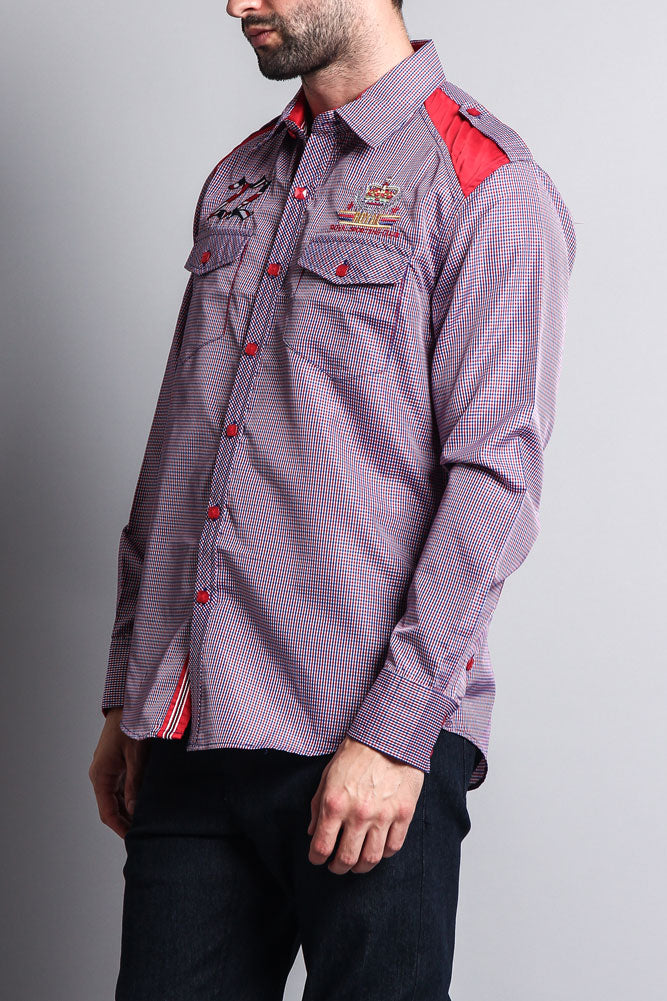 Long Sleeve Checkered Embroidered 22 Button Up Shirt