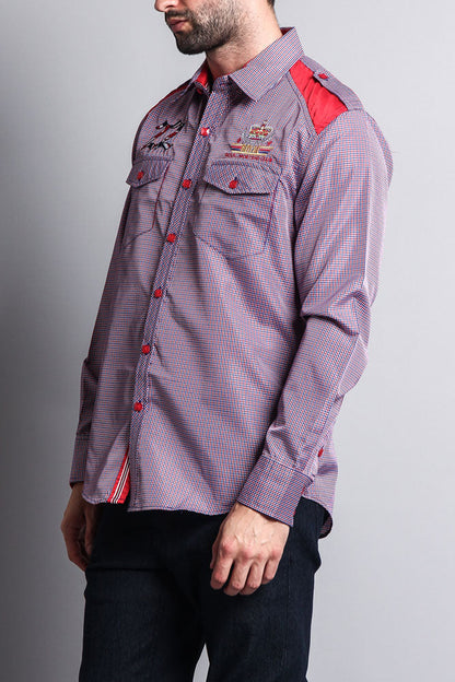 Long Sleeve Checkered Embroidered 22 Button Up Shirt