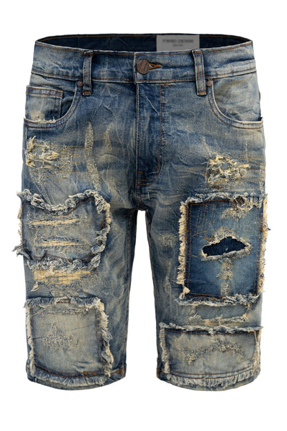 Men's Slim Distressed Patched Operator Denim Shorts