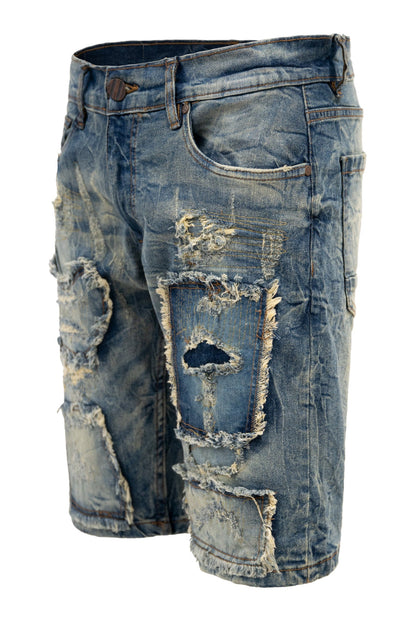 Men's Slim Distressed Patched Operator Denim Shorts