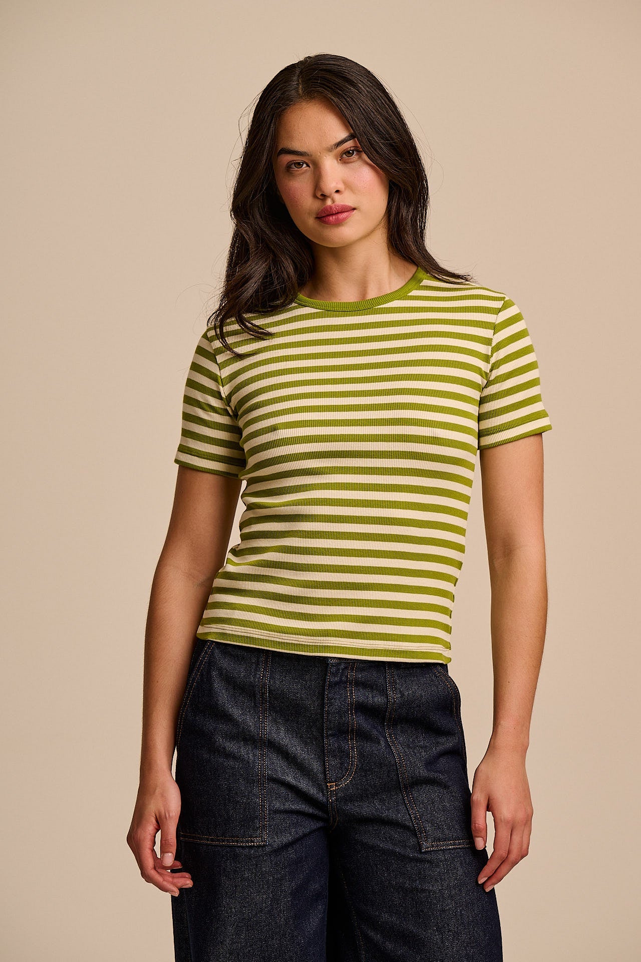 Gracie - Cotton T-Shirt in Green & Ecru Stripe