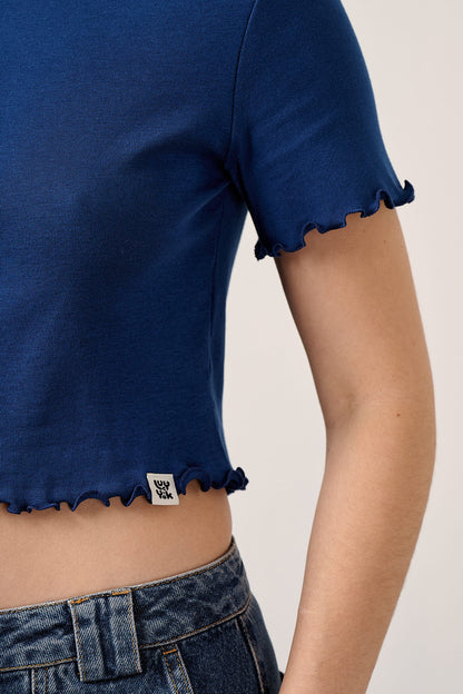 Greta - Cropped Cotton Top in Navy with Flower Embroidery
