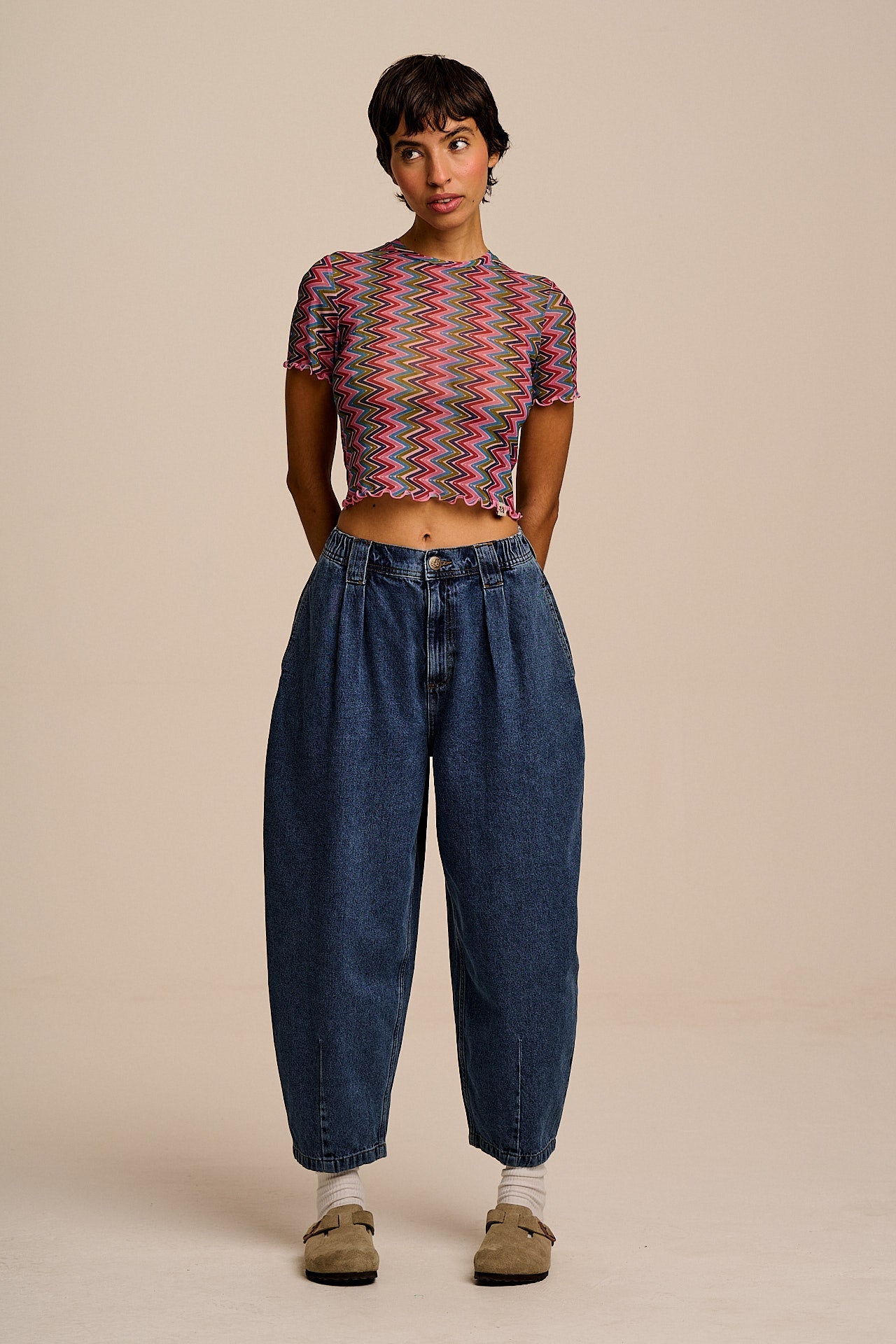 Greta - Cropped Mesh Top in Zig Zag Stripe