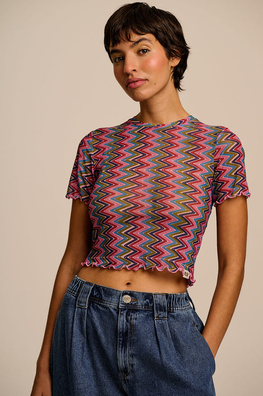 Greta - Cropped Mesh Top in Zig Zag Stripe