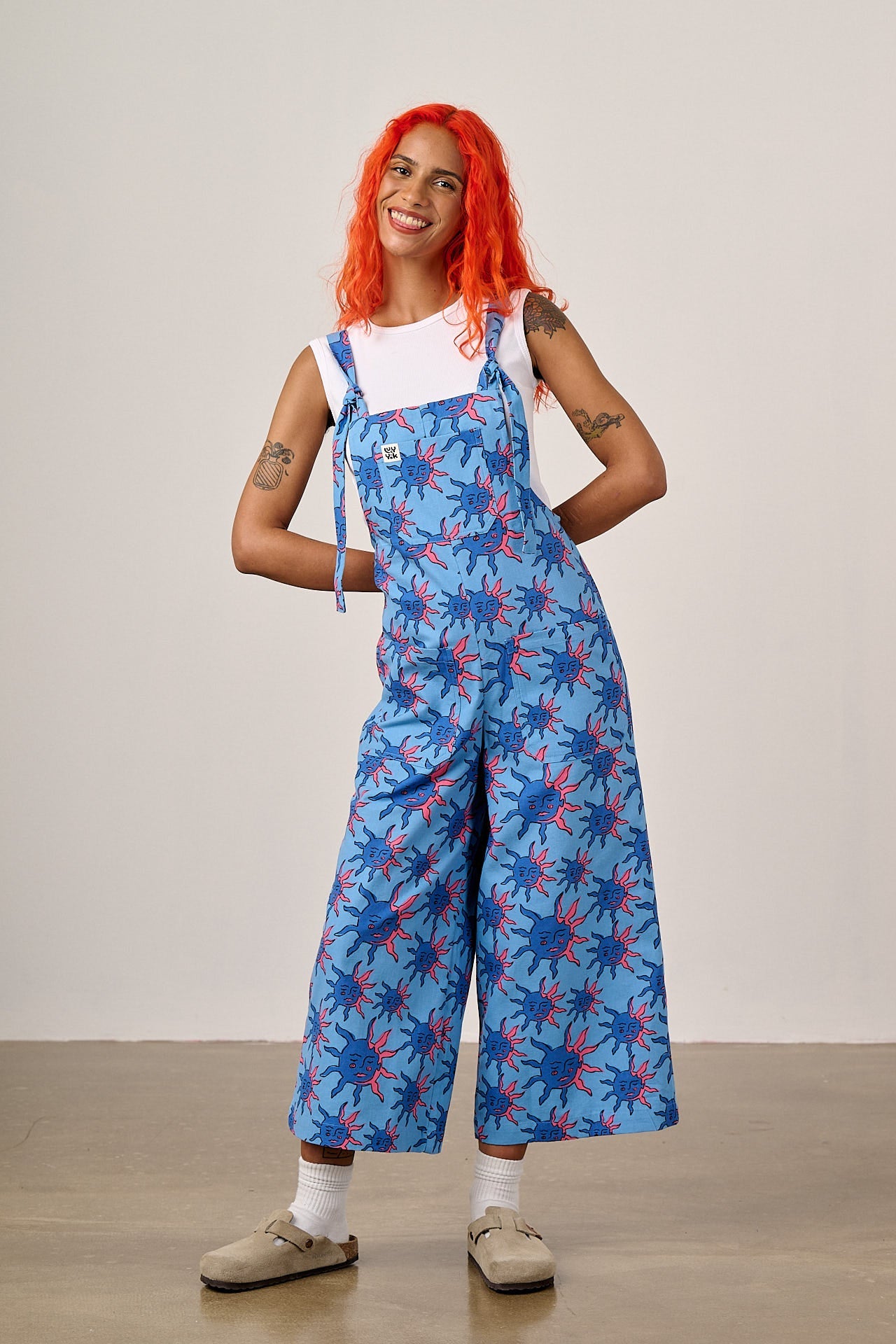 Jenny - Wide Leg Cotton Dungarees in Blue Celestial Sun Print