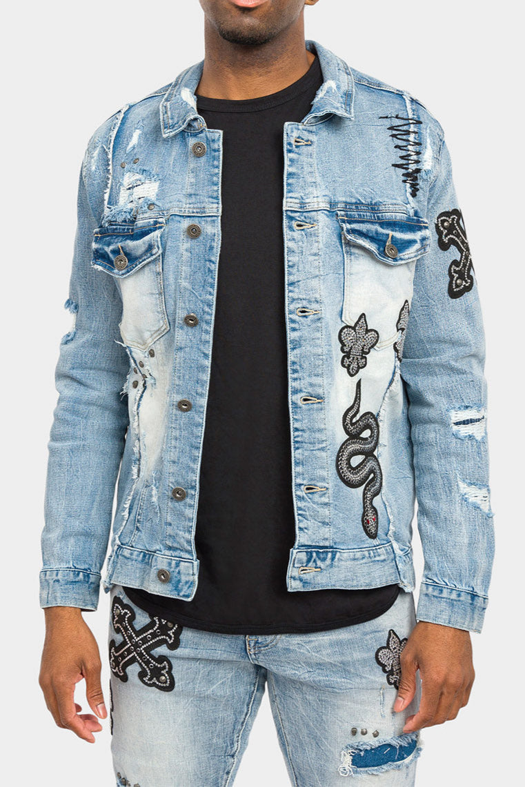 Crystals embellished patches studded Denim Jacket