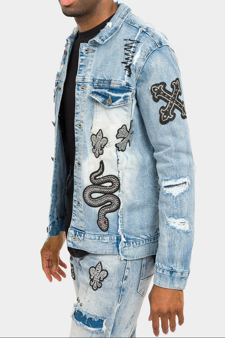 Crystals embellished patches studded Denim Jacket