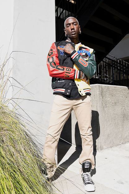 Patched Good Vibes Varsity Jacket