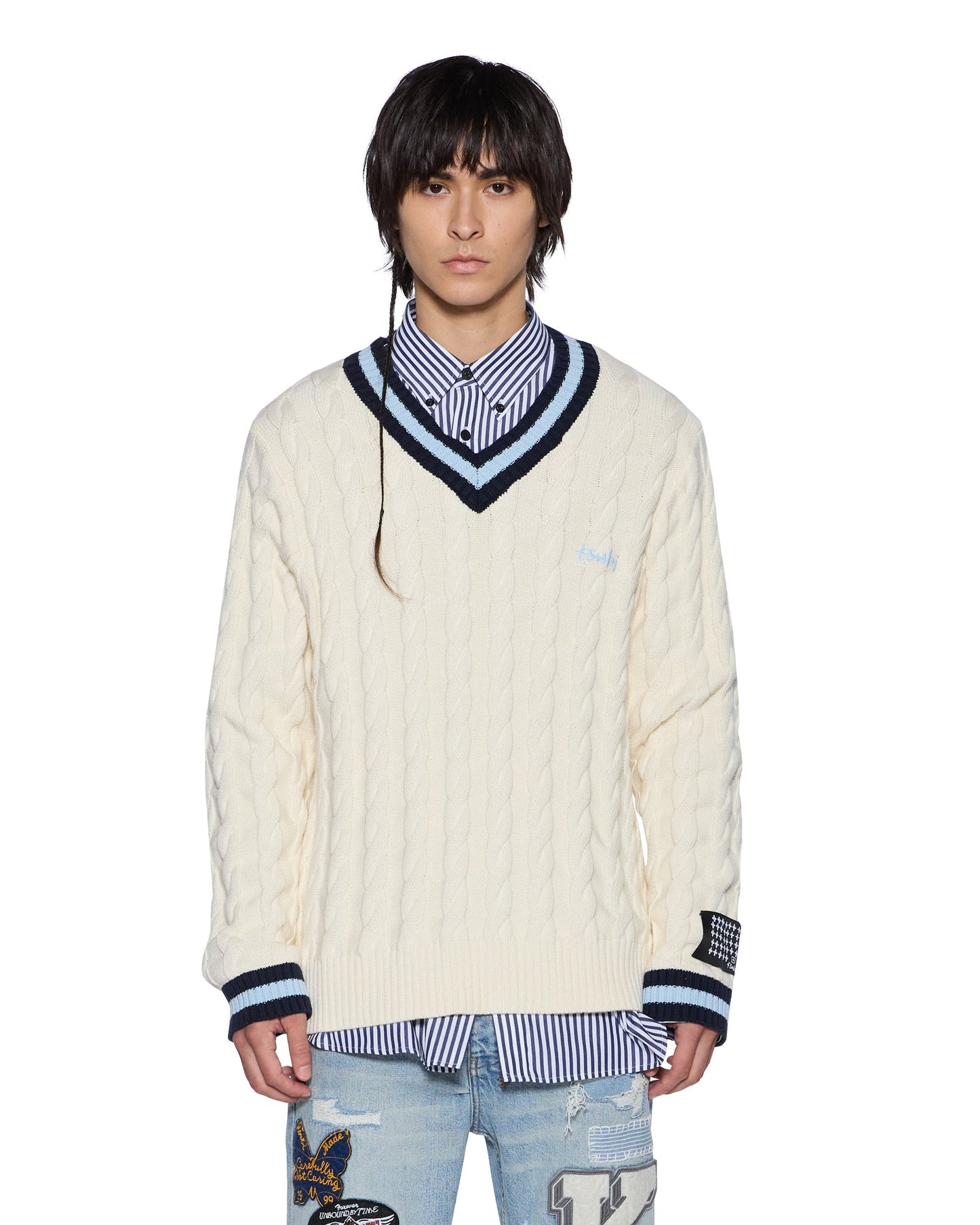 PRINCETON CABLE KNIT V NECK VINTAGE WHITE