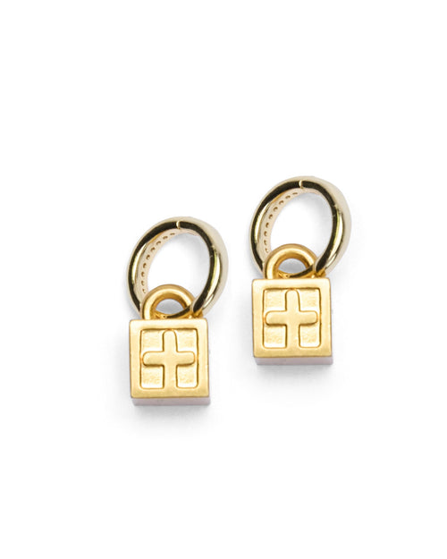 KRYSTAL BOX CROSS HUGGIE EARINGS GOLD