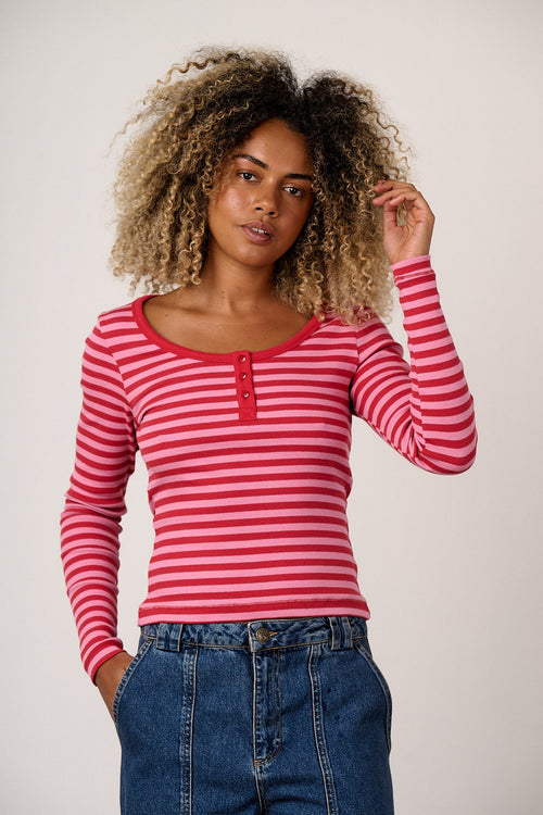 Lana - Cotton Long Sleeve Rib Top in Pink & Red Stripe