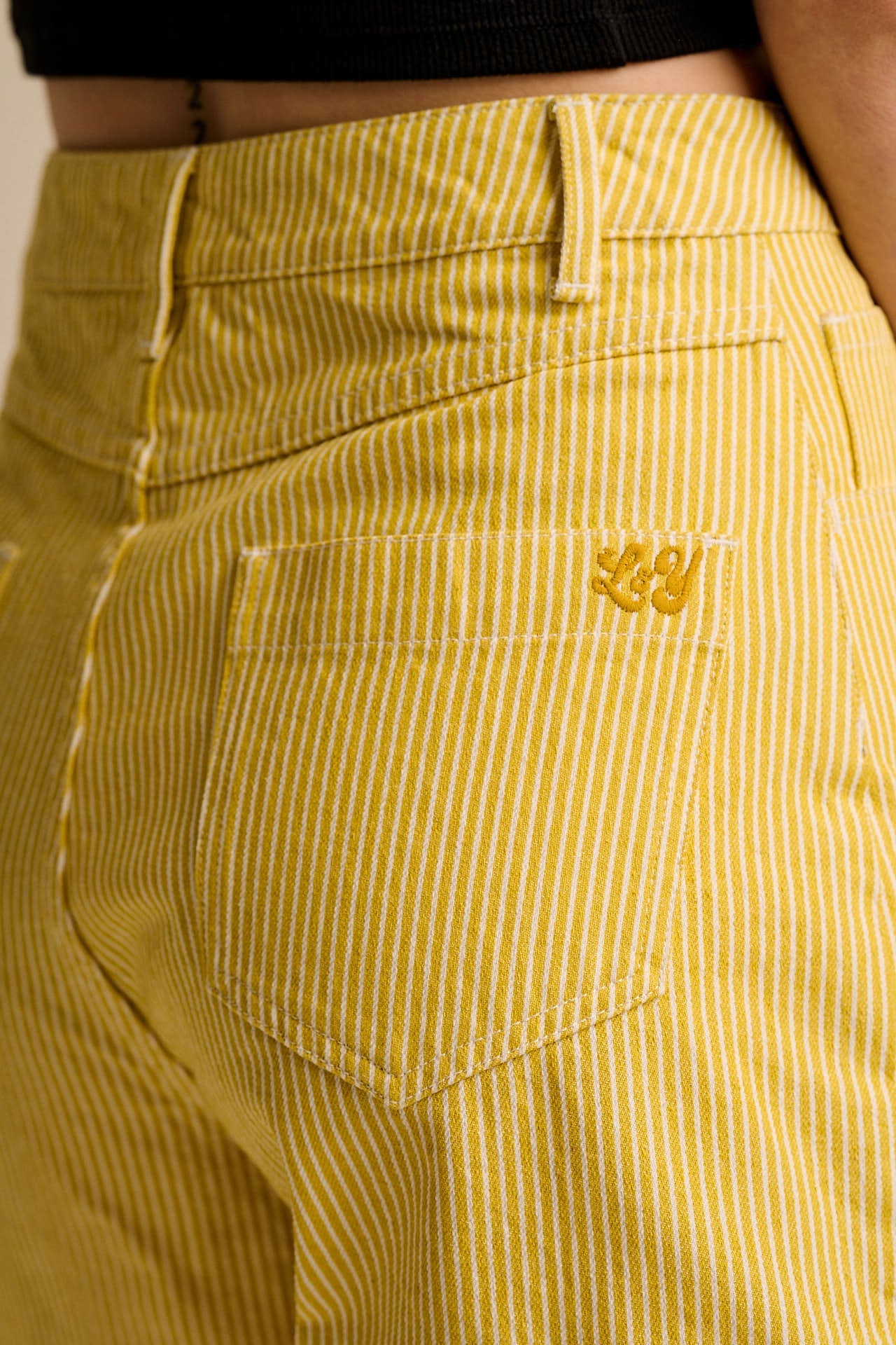 Lexi -  High Waist Cotton Shorts in Lemon Hickory Stripe