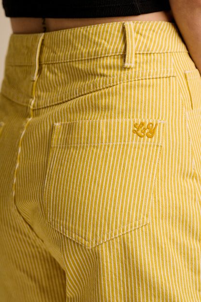 Lexi -  High Waist Cotton Shorts in Lemon Hickory Stripe