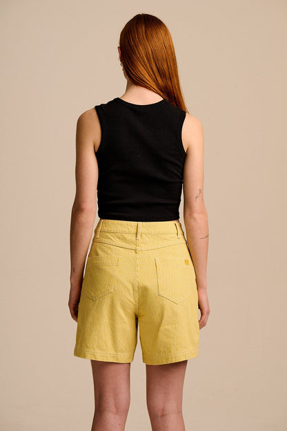 Lexi -  High Waist Cotton Shorts in Lemon Hickory Stripe