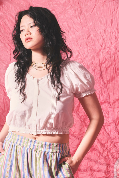 Sage - Cotton Puff Sleeve Blouse in White