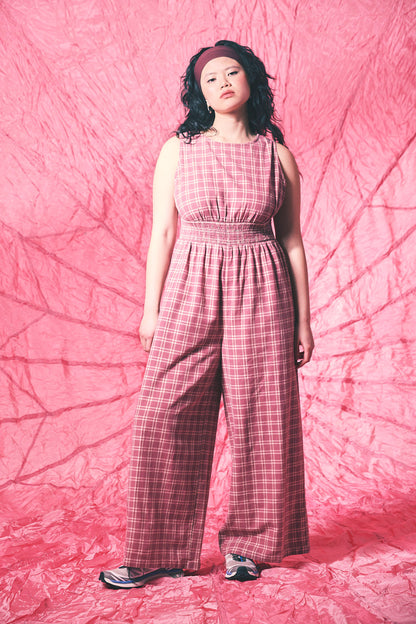 Simone - Cotton & Linen Jumpsuit in Maroon Deco Rose Check