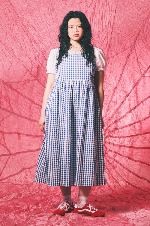 Aimee - Cotton Midi Dress in Blue Gingham