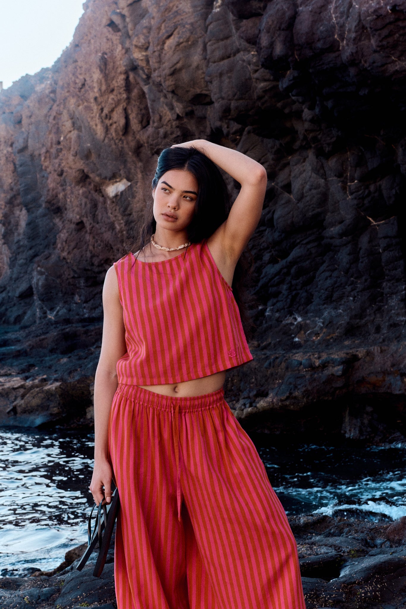 Arden - Cotton & Linen Shell Top in Pink & Orange Stripe