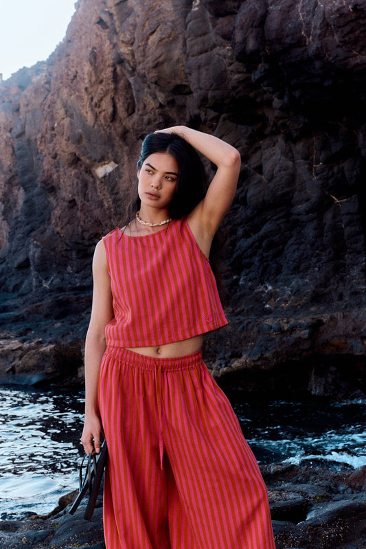 Arden - Cotton & Linen Shell Top in Pink & Orange Stripe