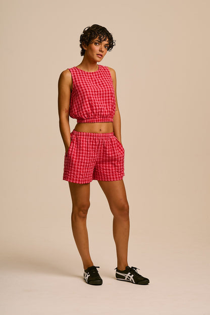 Popan - Cotton Shorts in Pink & Red Check