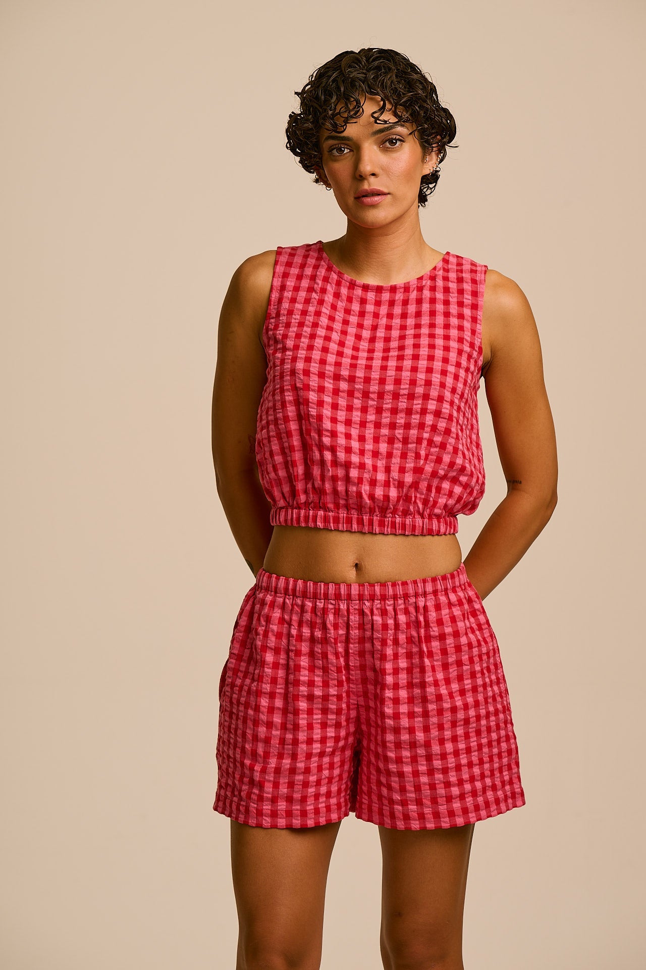 Popan - Cotton Shorts in Pink & Red Check