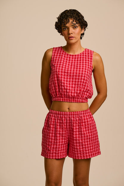 Popan - Cotton Shorts in Pink & Red Check