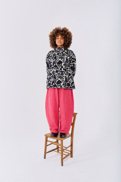 Beau - Barrel Leg Brushed Cotton Trousers in Pink and Red Gingham