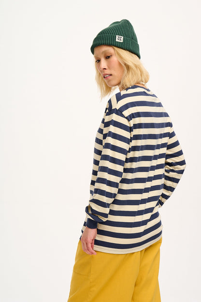 Kenny - Long Sleeve Skater Cotton T-Shirt in Navy & Ecru Stripe