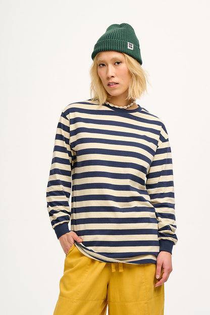 Kenny - Long Sleeve Skater Cotton T-Shirt in Navy & Ecru Stripe