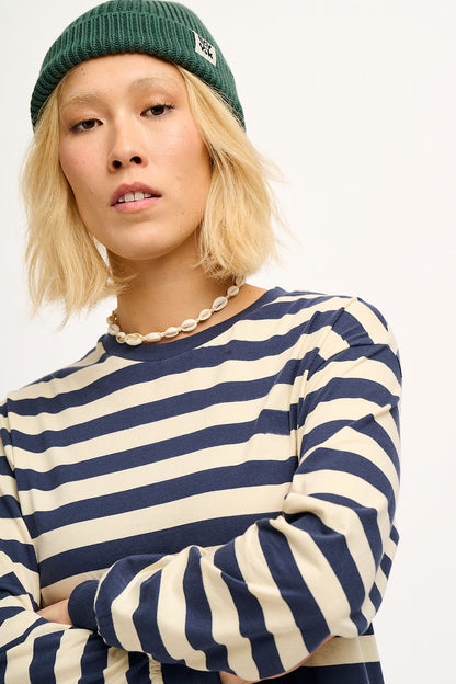 Kenny - Long Sleeve Skater Cotton T-Shirt in Navy & Ecru Stripe
