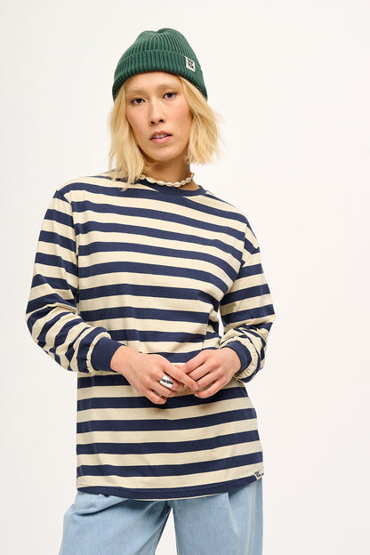 Kenny - Long Sleeve Skater Cotton T-Shirt in Navy & Ecru Stripe