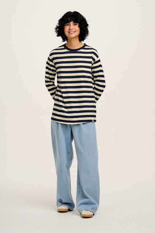 Kenny - Long Sleeve Skater Cotton T-Shirt in Navy & Ecru Stripe
