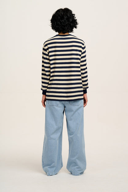Kenny - Long Sleeve Skater Cotton T-Shirt in Navy & Ecru Stripe