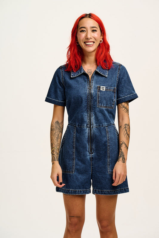 Riley - Denim Playsuit in Mid Wash Blue