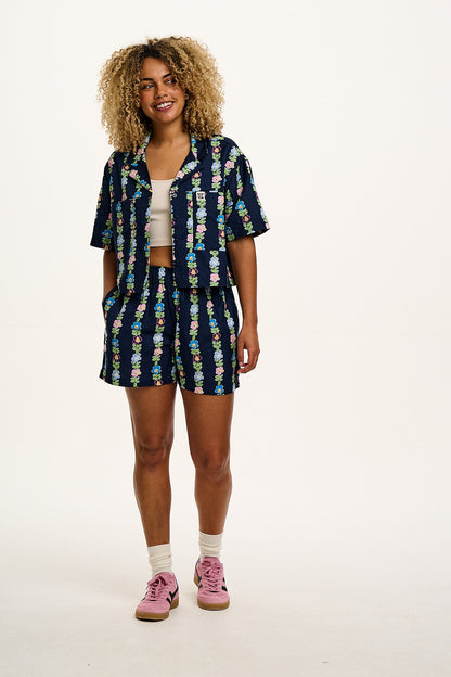 Jessie - Cotton & Linen Shorts in Navy Island Bloom Floral Print
