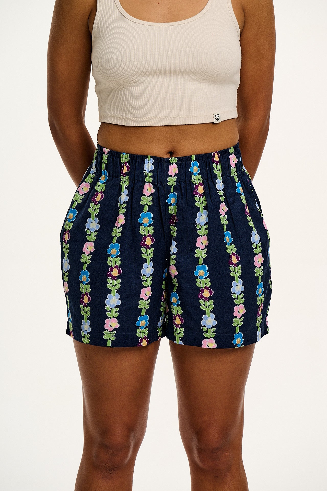 Jessie - Cotton & Linen Shorts in Navy Island Bloom Floral Print