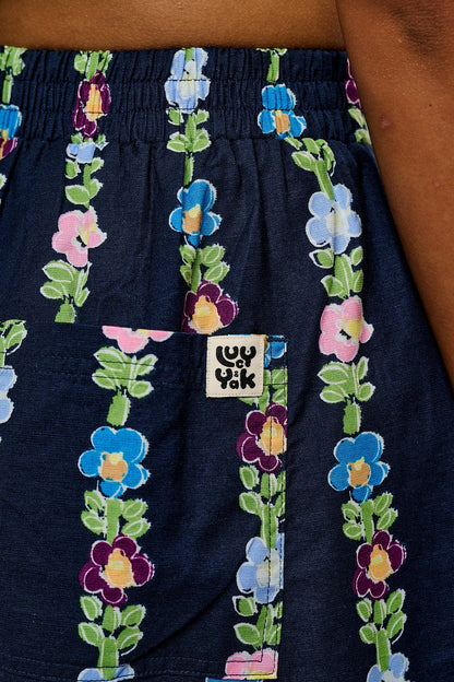 Freddie - Barrel Leg Cotton & Linen Trousers in Navy Island Bloom Print