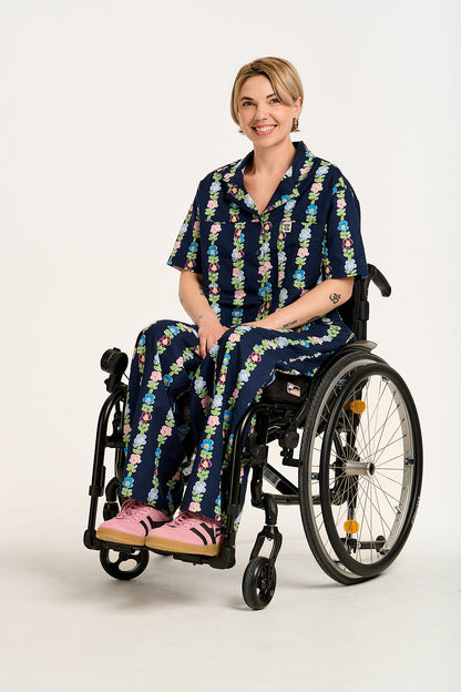 Freddie - Barrel Leg Cotton & Linen Trousers in Navy Island Bloom Print