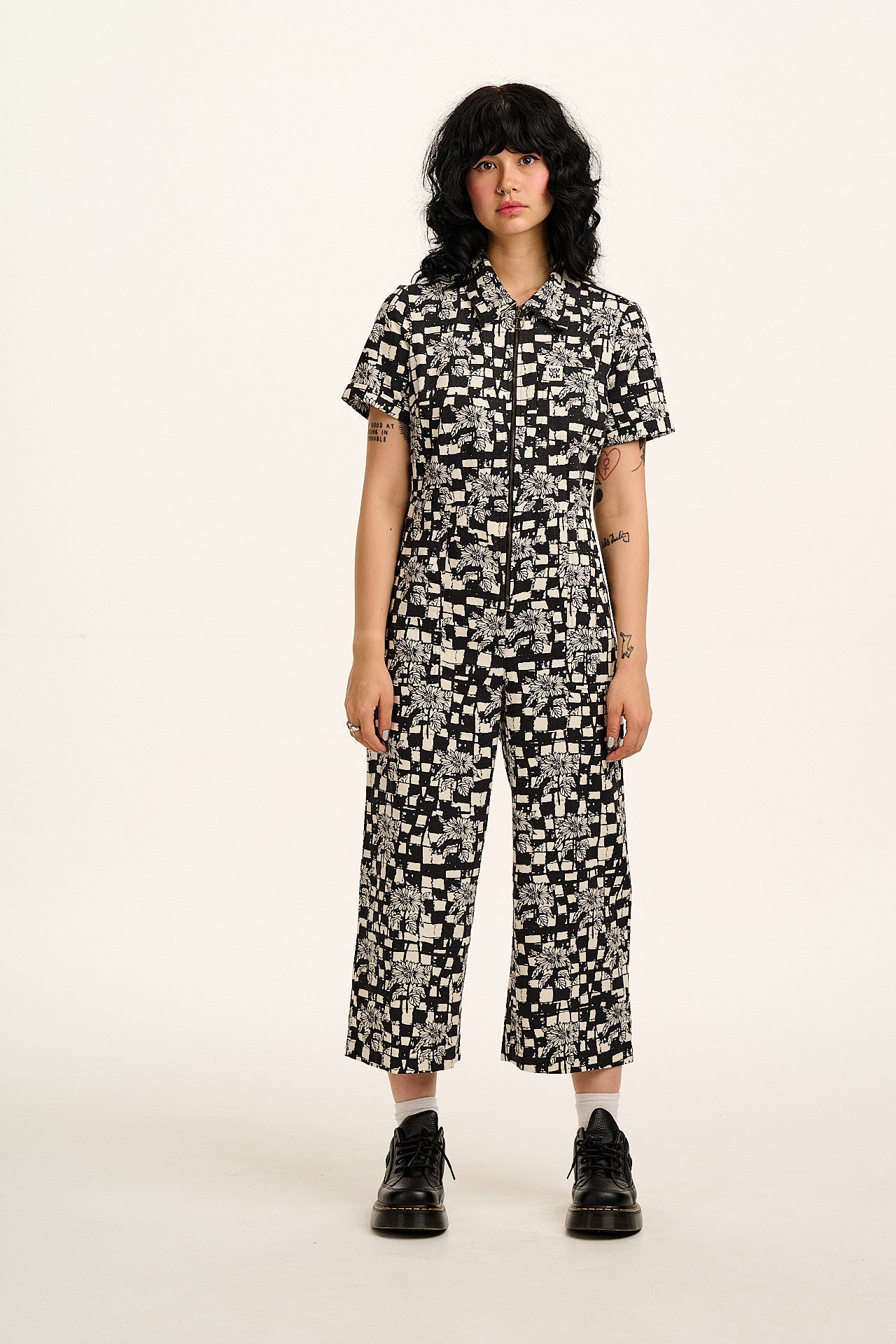 L.E. Ragan - Cotton Jumpsuit in Black & White Sunflower Check