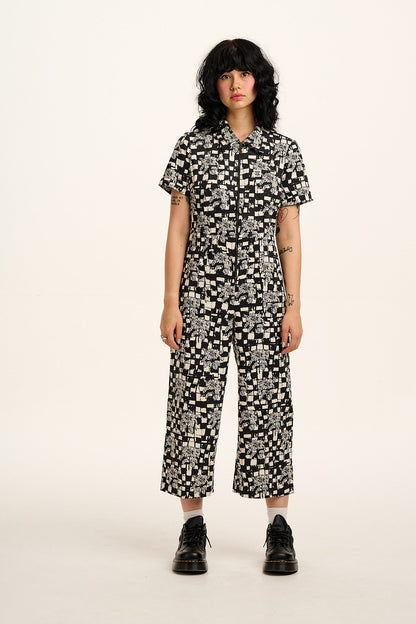 L.E. Ragan - Cotton Jumpsuit in Black & White Sunflower Check