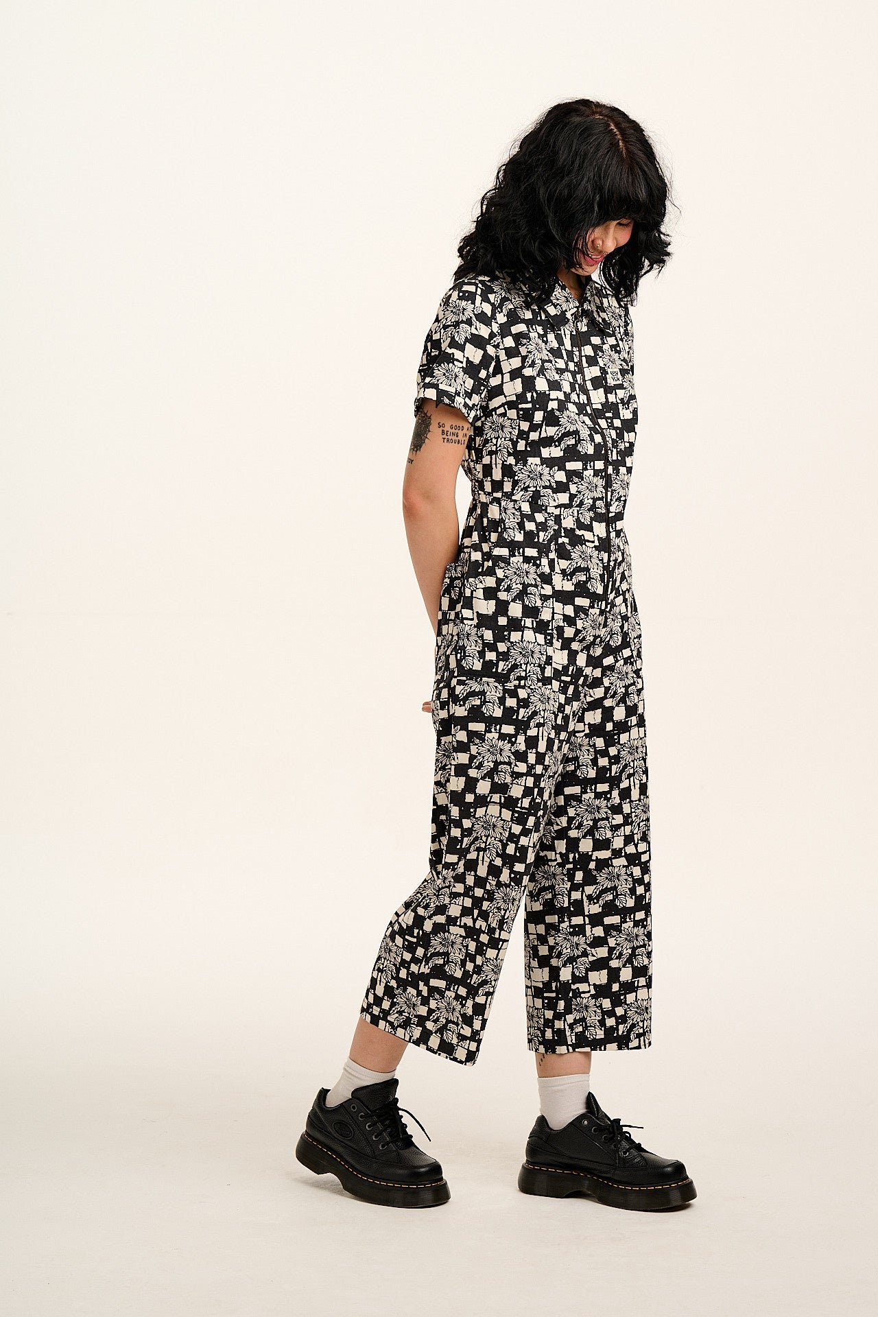 L.E. Ragan - Cotton Jumpsuit in Black & White Sunflower Check