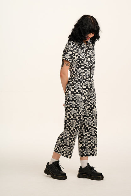 L.E. Ragan - Cotton Jumpsuit in Black & White Sunflower Check