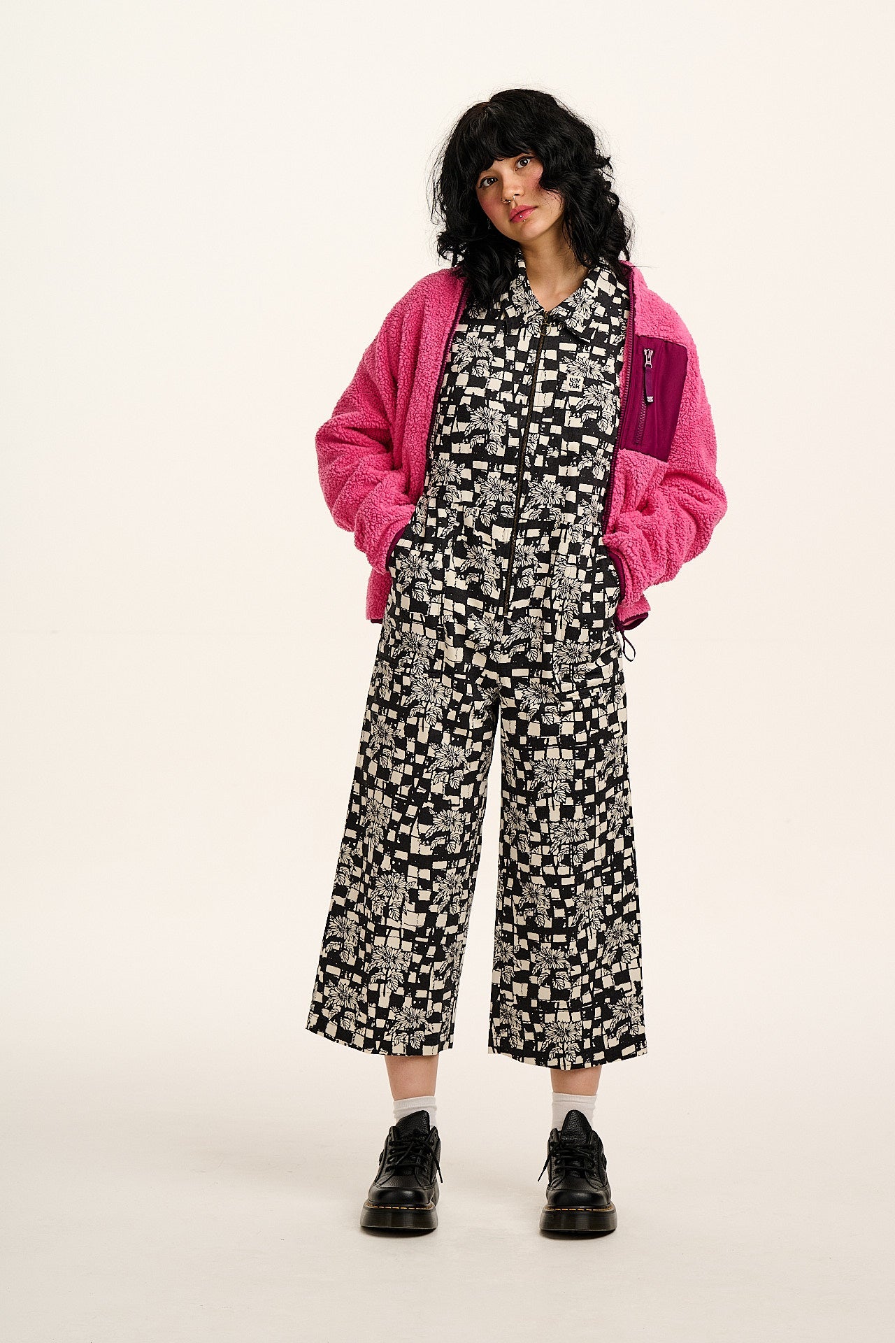 L.E. Ragan - Cotton Jumpsuit in Black & White Sunflower Check