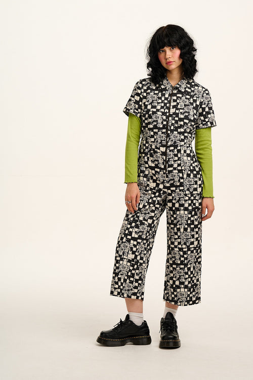 L.E. Ragan - Cotton Jumpsuit in Black & White Sunflower Check
