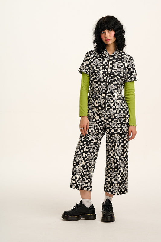 L.E. Ragan - Cotton Jumpsuit in Black & White Sunflower Check
