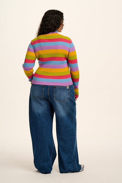 Eva -  Knitted Roll Neck Long Sleeve Top in Rainbow Stripe