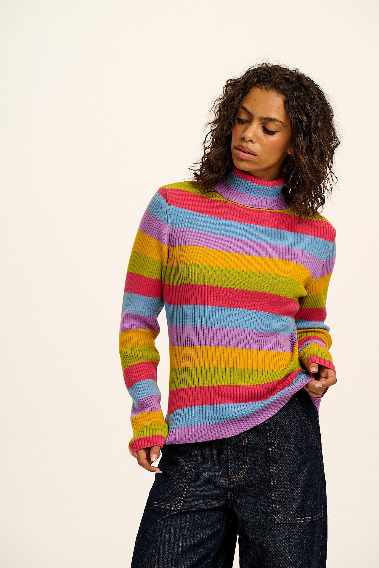 Eva -  Knitted Roll Neck Long Sleeve Top in Rainbow Stripe